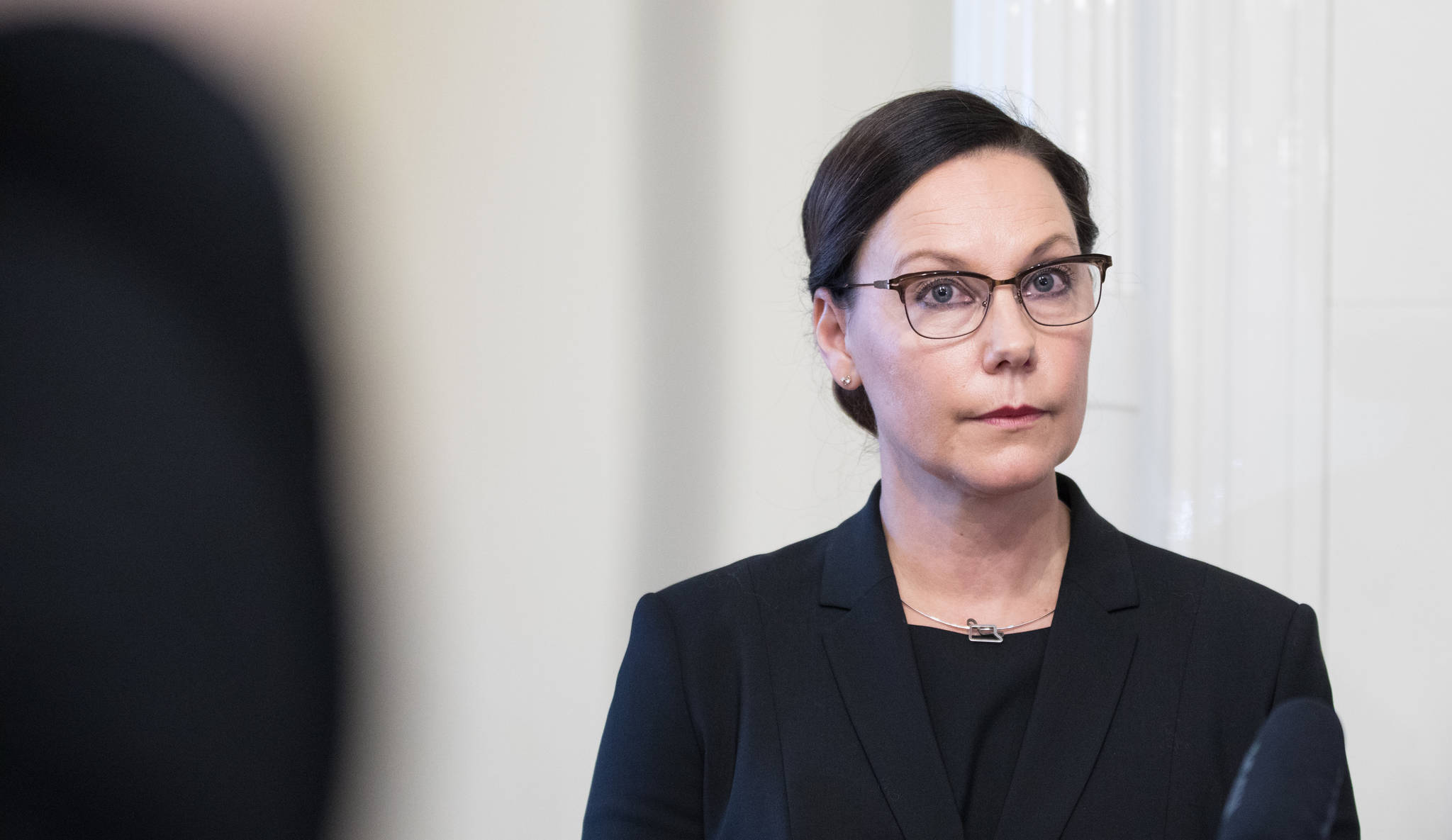 Kuvassa näkyy kehitysministeri Anne-Mari Virolainen vakava ilme naamallaan.