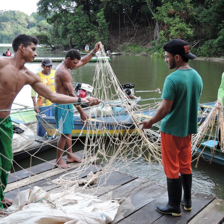 Keräilijäreservaatin asukkaat valmistautuvat pirarucu-kalan pyyntiin Medio Juruán Amazonasin osavaltiossa Brasiliassa. Siemenpuu tukee keräilijäväestön liitto CNS:ää.