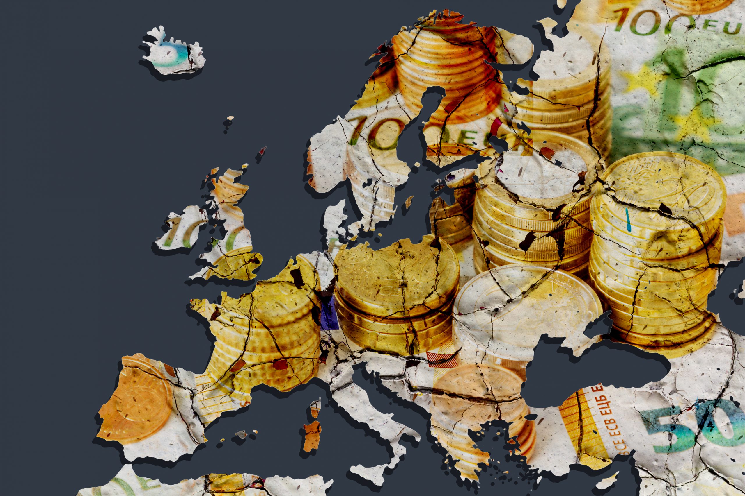 Euroseteleillä kuvitettu Euroopan kartta halkeilee.