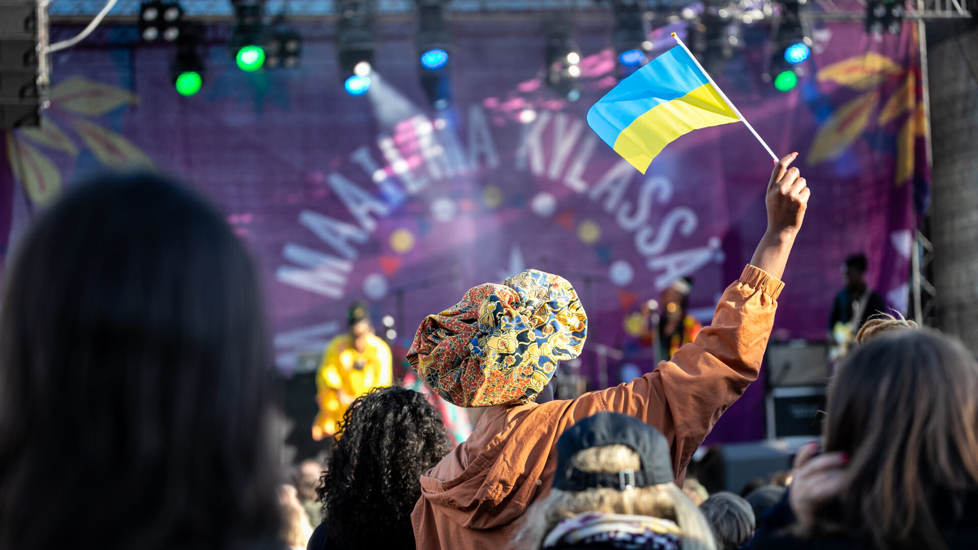 The festival audience photographed from behind in front of the World Village Festival stage.