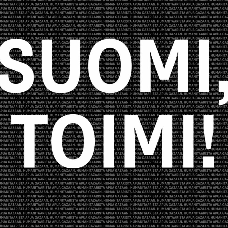 Mustalla taustalla valkoinen teksti SUOMI, TOIMI!