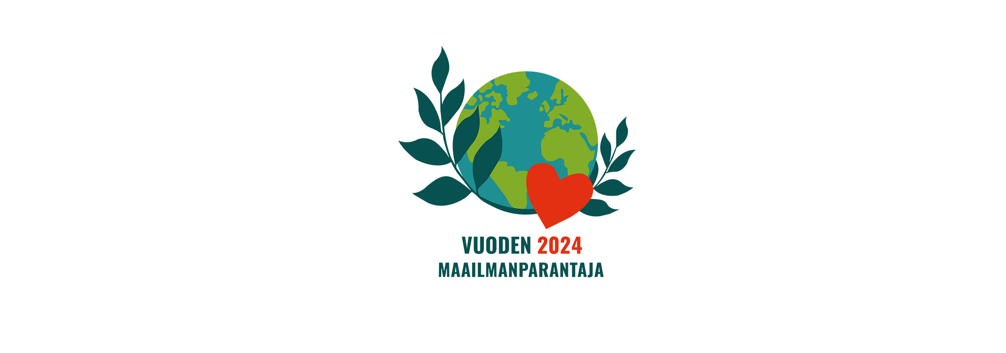 Vuoden maailmanparantaja 2024 -logo, jossa vihreät lehdet, punainen sydän ja maapallo