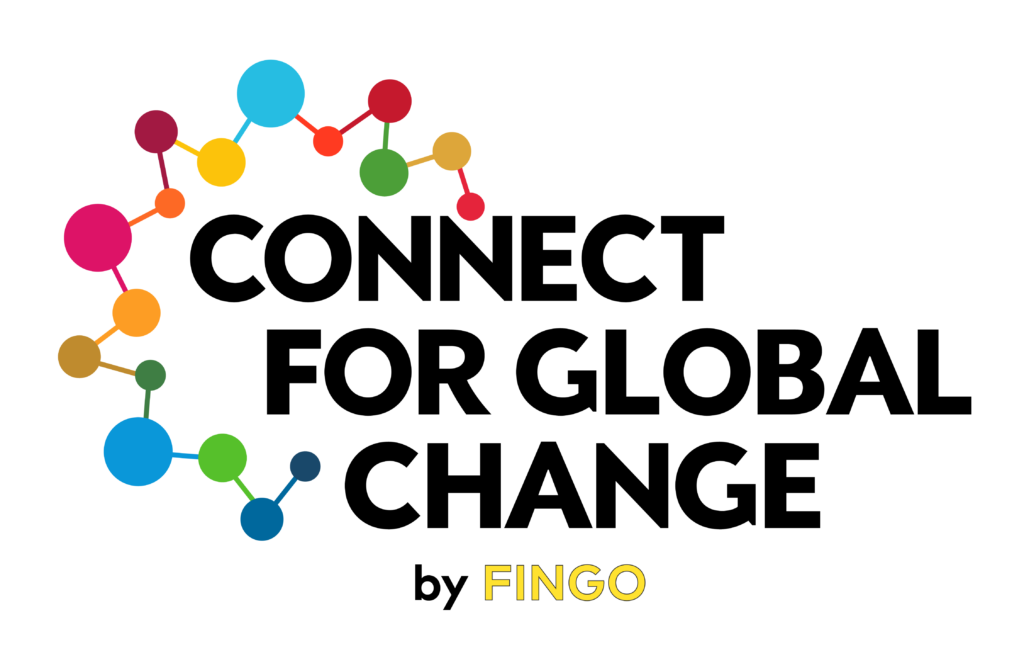 Kuva, jossa lukee CONNECT FOR GLOBAL CHANGE by Fingo. Kuvassa on myös hankkeen logo, jossa eri väriset pallot yhdistyvät toisiinsa.