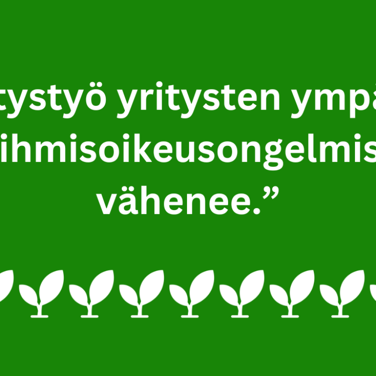 Sitaattikuva: “Selvitystyö yritysten ympäristö- ja ihmisoikeusongelmista vähenee”.