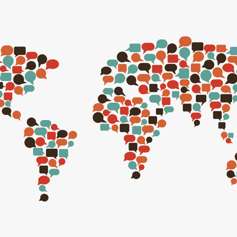 World map made of colorful speech bubbles. Translating, language interpreter and communication vector concept illustration