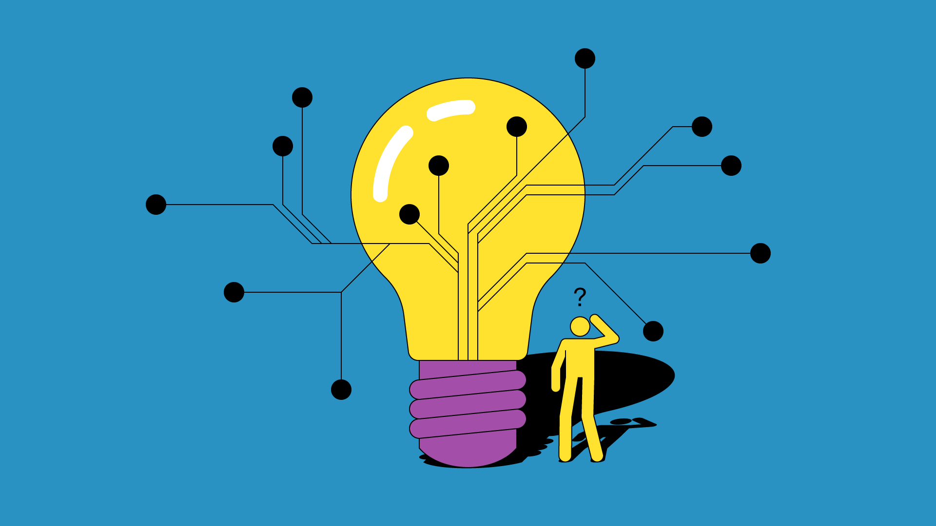 Piirroskuvassa keltainen lamppu, jossa violetti kanta sinisellä taustalla ja keltaisella piirroshenkilöllä kysymysmerkki pään yläpuolella.