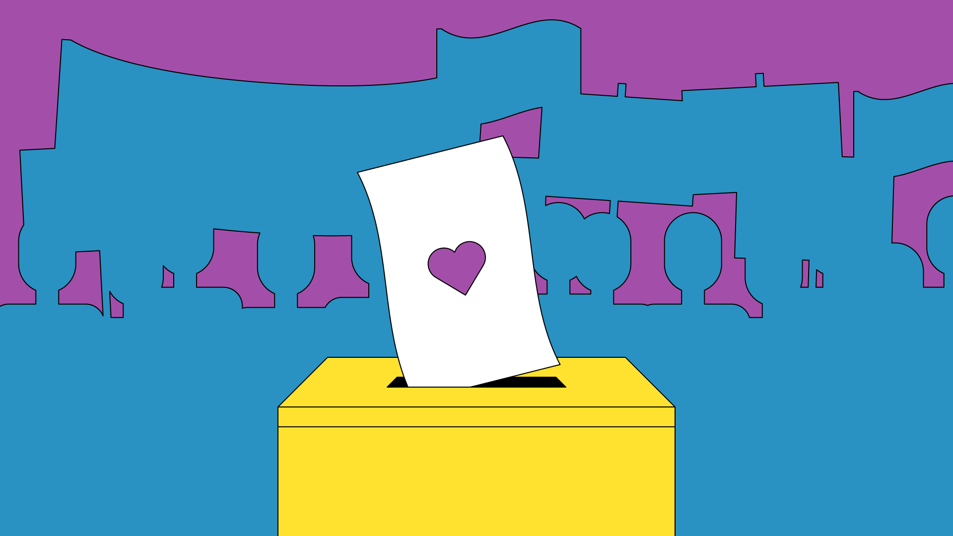 Piirroskuvassa äänestyslipuke, jossa violetti sydän menossa keltaiseen äänestyslaatikkoon. Taustalla mielenosoituksen hahmot sinisellä.