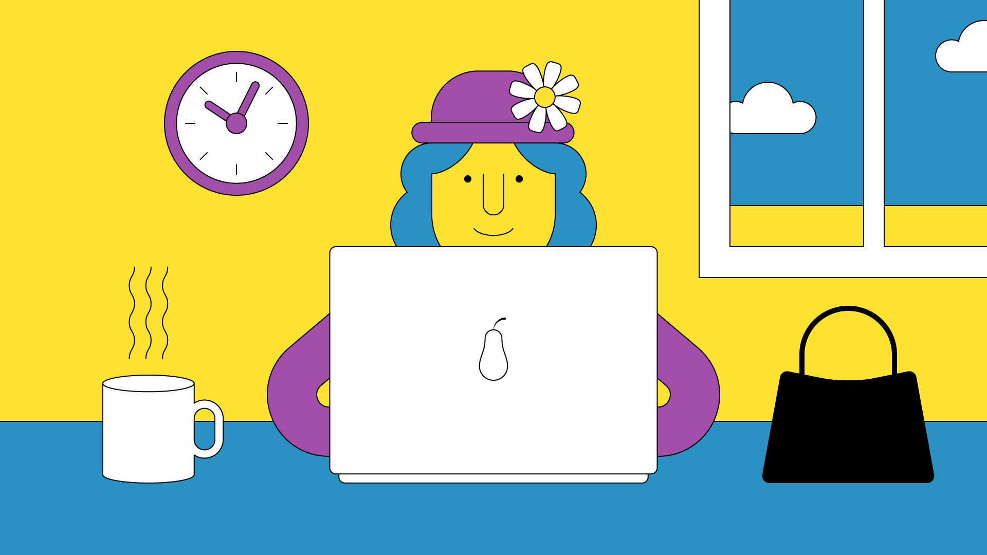 Piirroskuvassa kukkahattutäti läppärin takana pöydällä. Pöydällä myös kahvikuppi ja musta käsilaukku. Taustalla keltainen huoneen seinä, jossa kello ja ikkunastä näkyy sinistä taivasta ja pilviä.