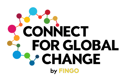 Kuva, jossa lukee CONNECT FOR GLOBAL CHANGE by Fingo. Kuvassa on myös hankkeen logo, jossa eri väriset pallot yhdistyvät toisiinsa.