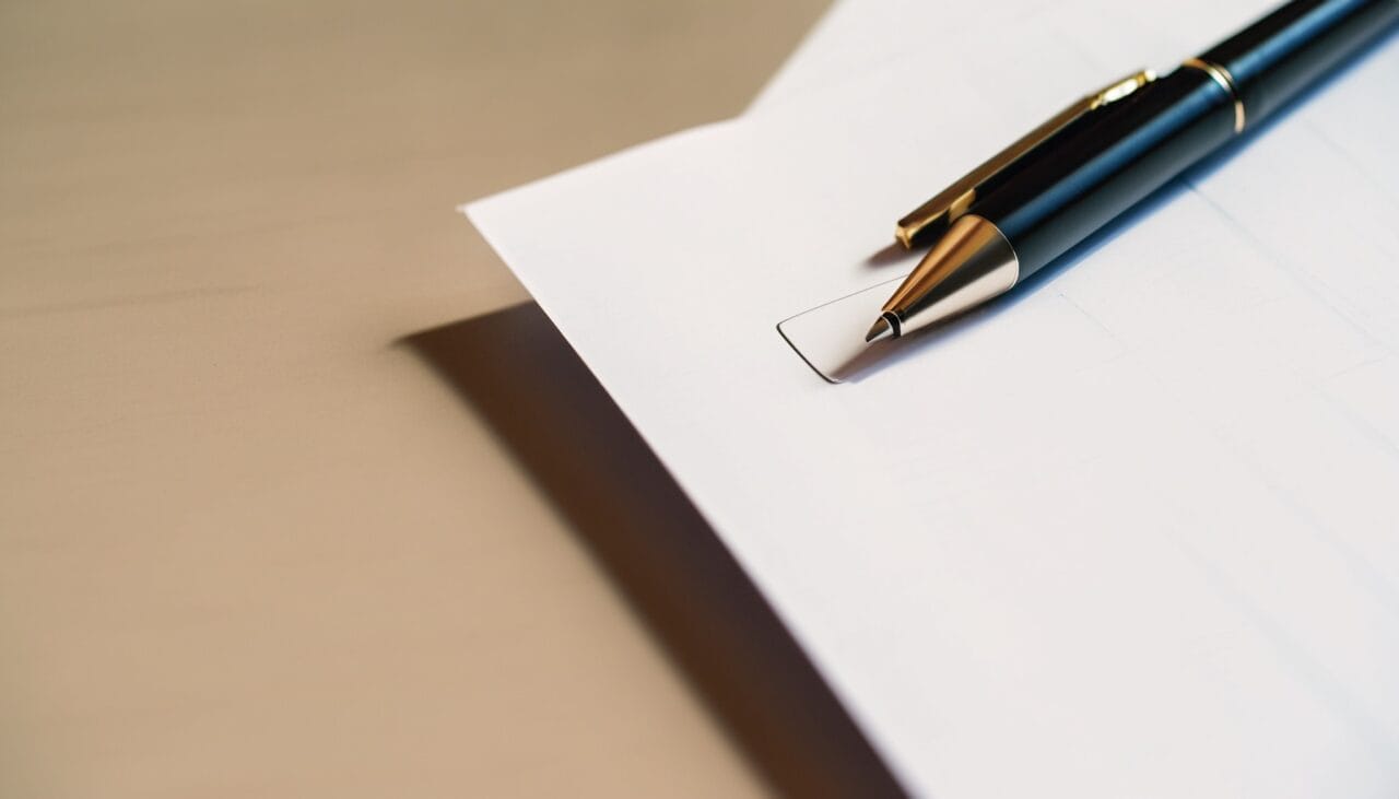 Kuvassa näkyy dokumentti ja kynä.