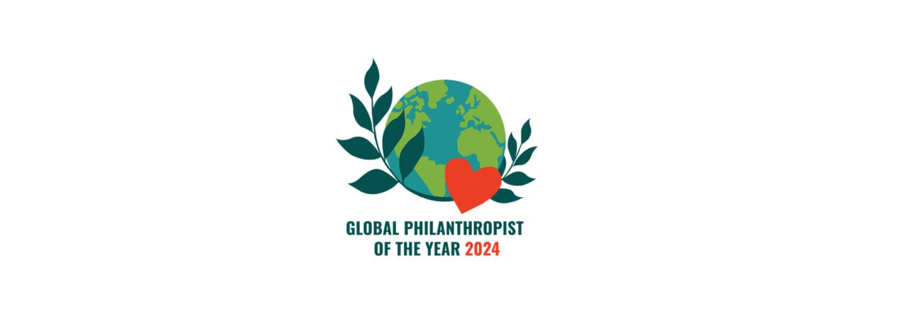 The logo of The Global Philanthropist of the Year 2024 award with green leaves