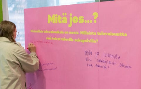 Vaaleanpunainen Mitä jos...? -kirjoitustaulu.